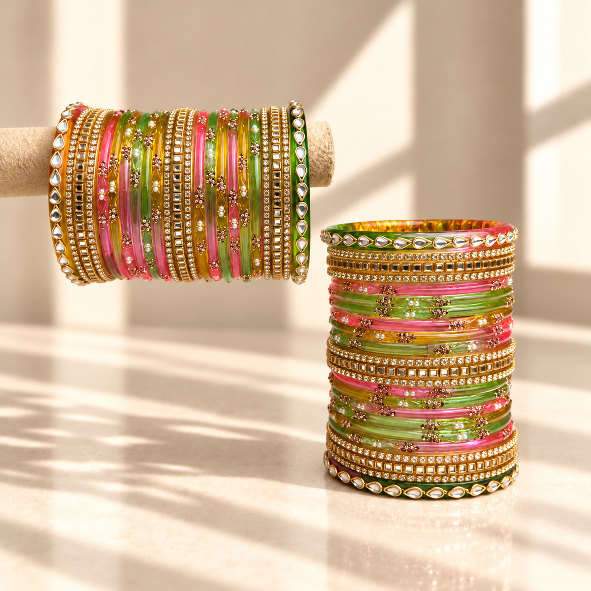 Kundan Square Drop Glass Bangle Set