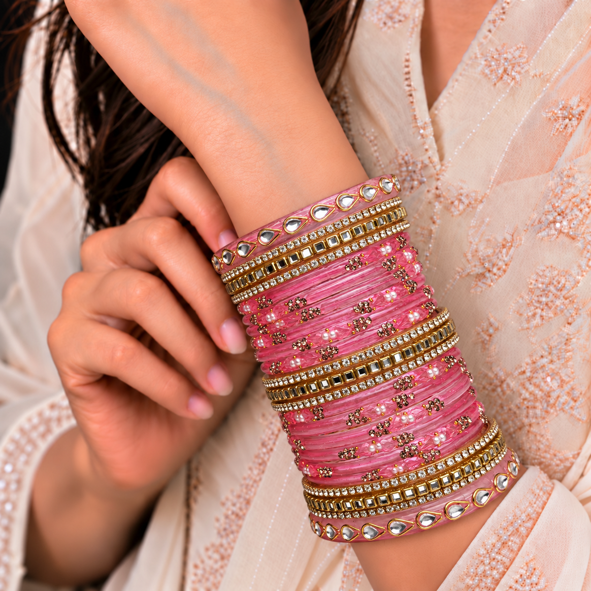 Kundan Square Drop Glass Bangle Set