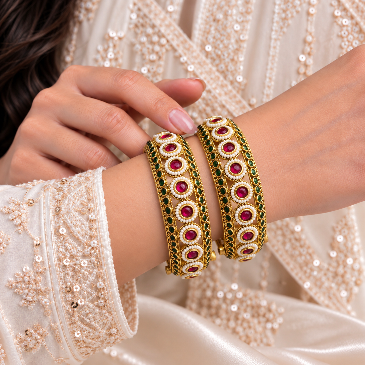 Rajwada Pearl Ruby Circle Openable Kada