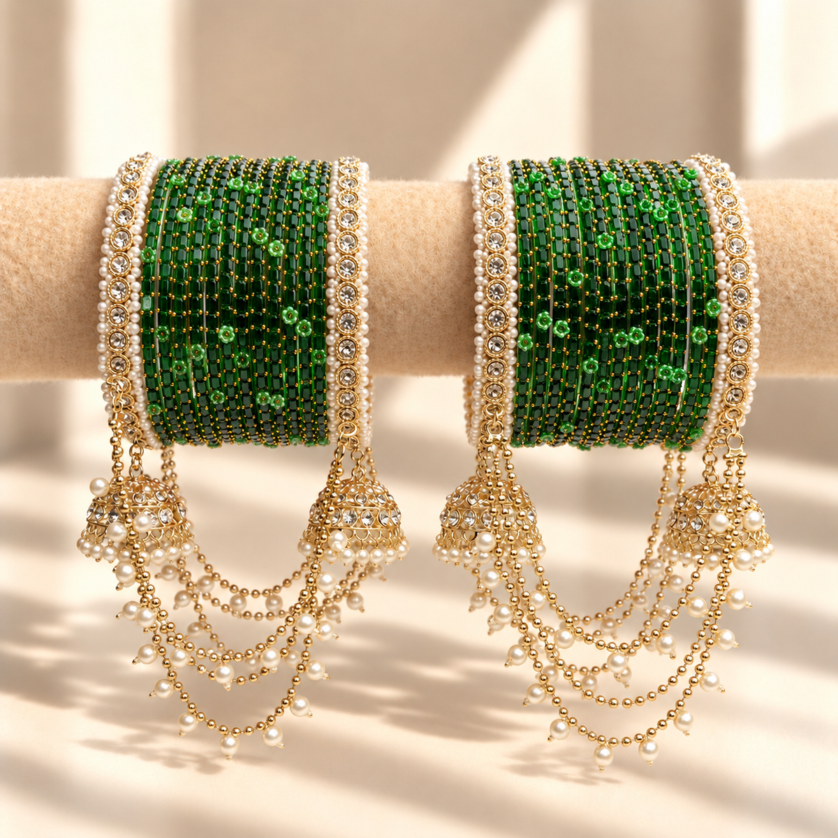 Pearl Jhula Chain Glass Bangle Set