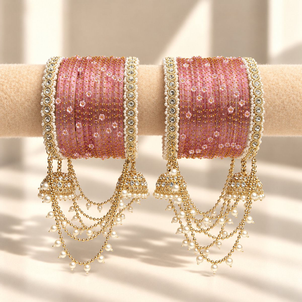 Pearl Jhula Chain Glass Bangle Set