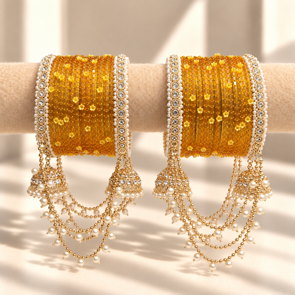 Pearl Jhula Chain Glass Bangle Set