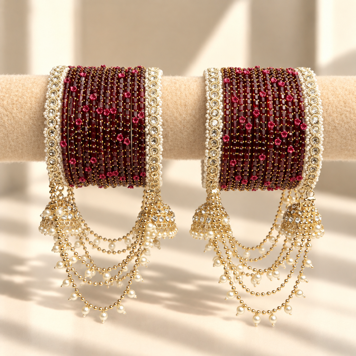 Pearl Jhula Chain Glass Bangle Set