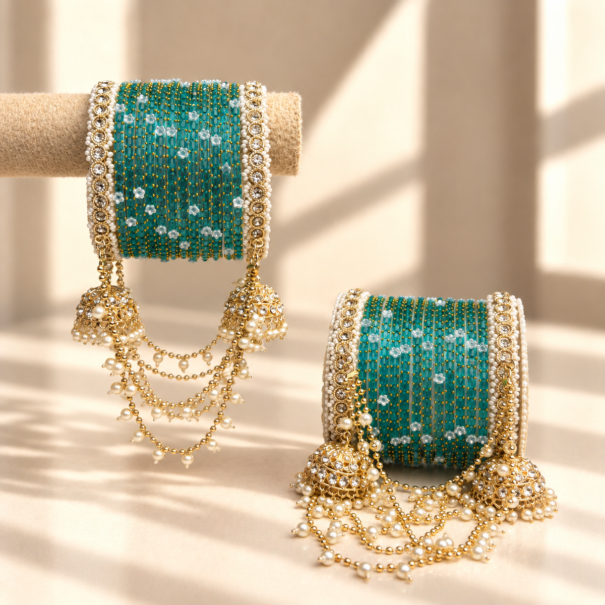 Pearl Jhula Chain Glass Bangle Set