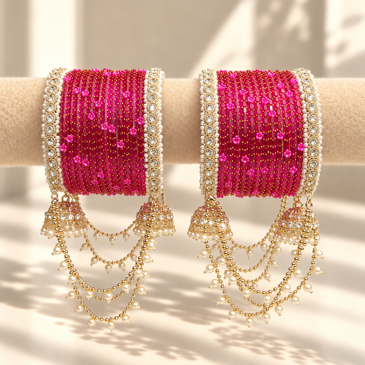 Pearl Jhula Chain Glass Bangle Set