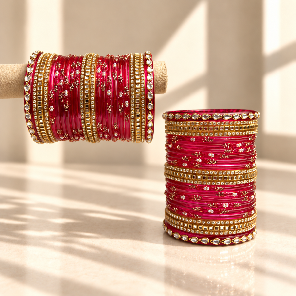 Kundan Square Drop Glass Bangle Set