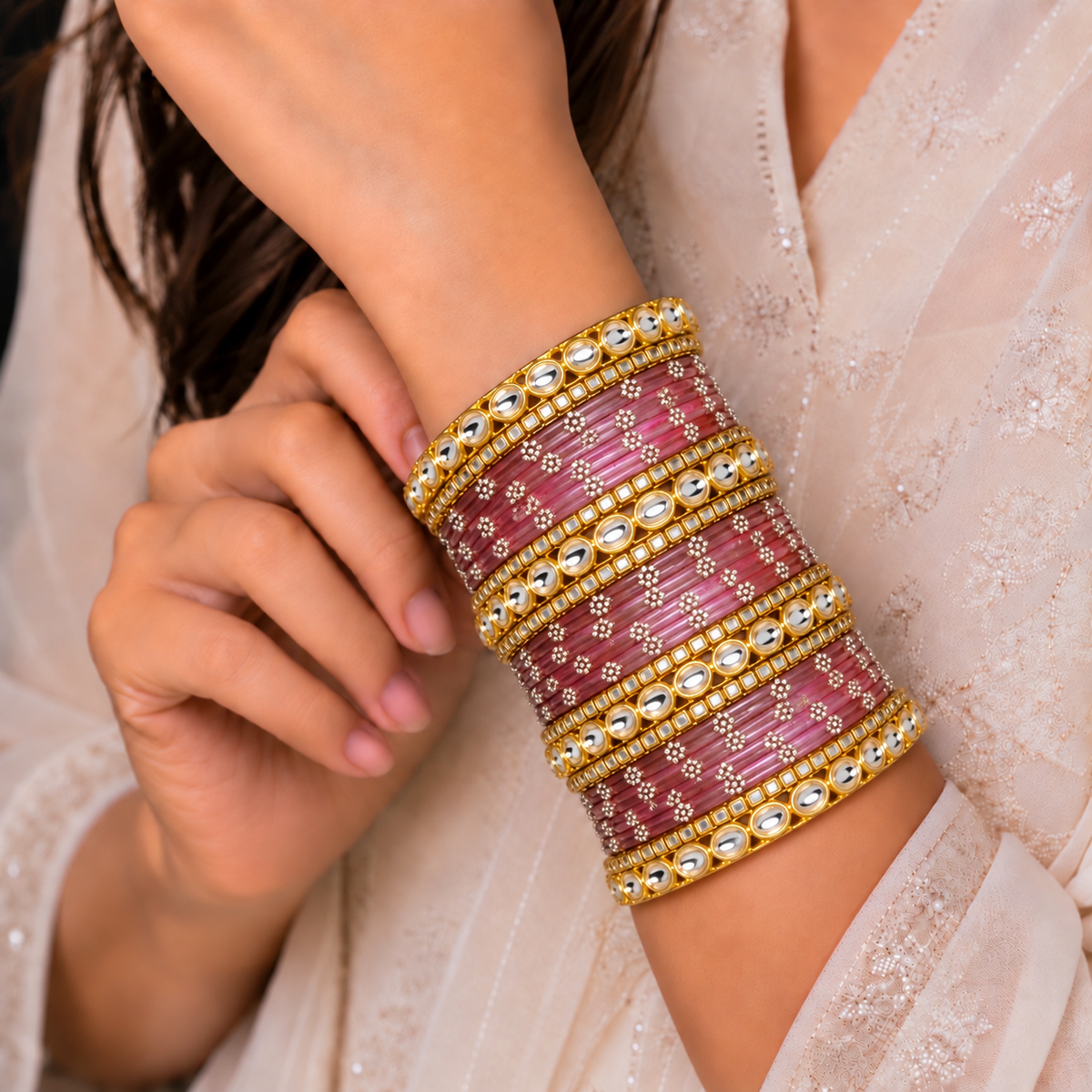 Floral Kundan Stone Bangle Set