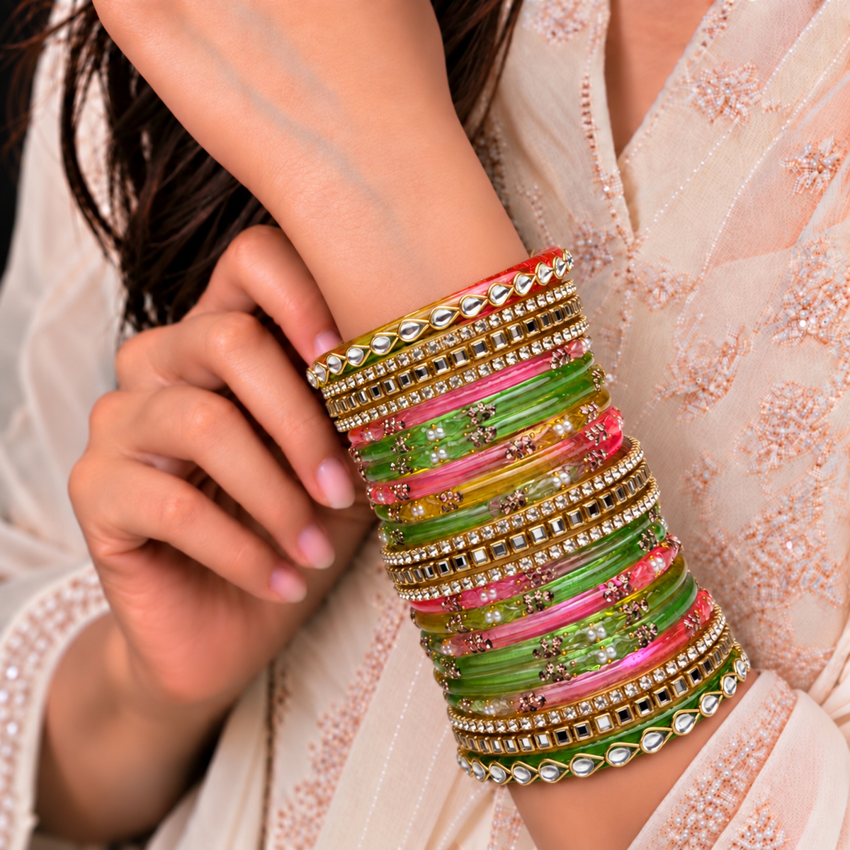 Kundan Square Drop Glass Bangle Set