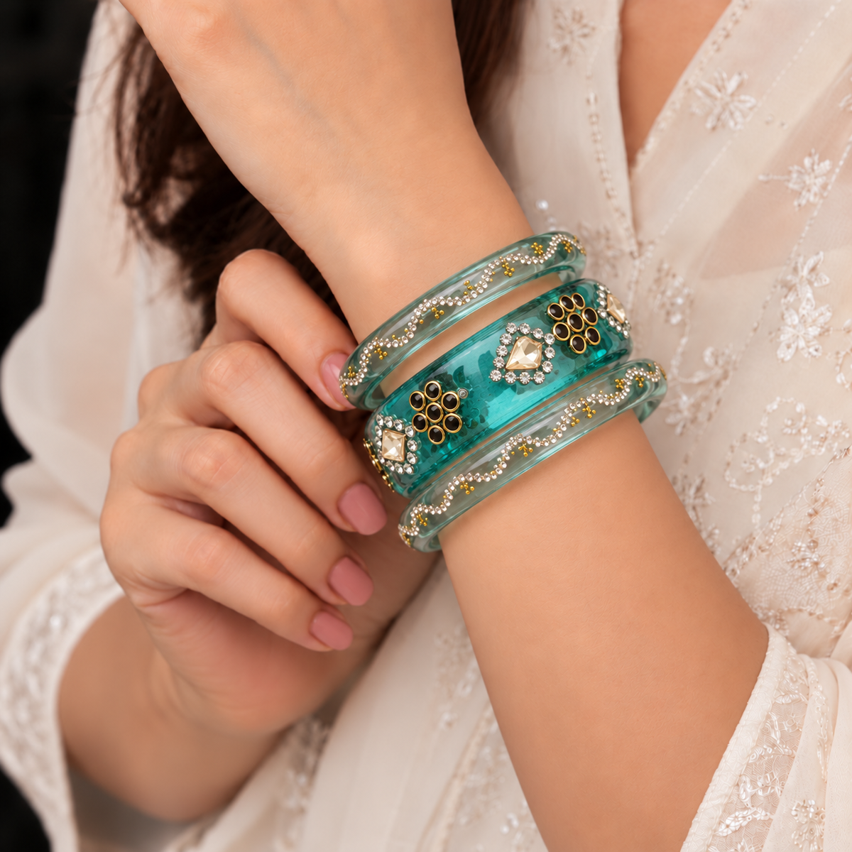 Drop Stone Short Glass Kada Bangle Set