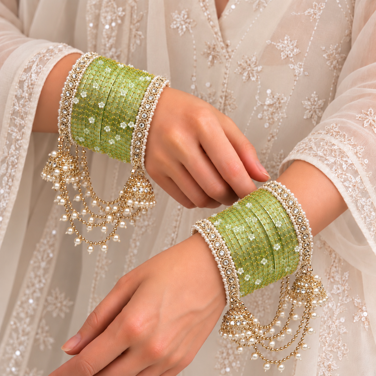 Pearl Jhula Chain Glass Bangle Set