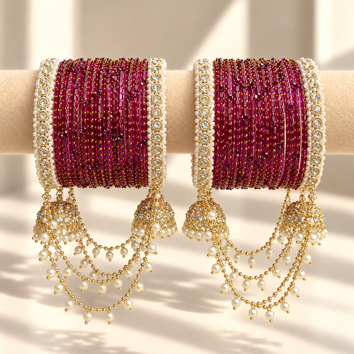 Pearl Jhula Chain Glass Bangle Set