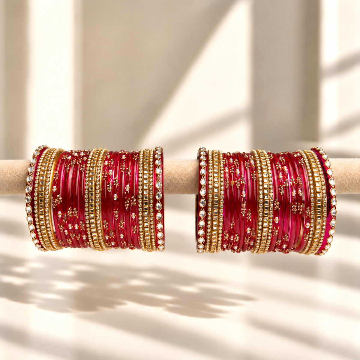 Kundan Square Drop Glass Bangle Set