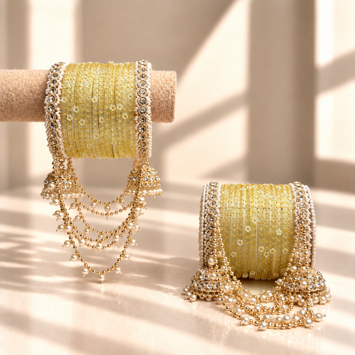 Pearl Jhula Chain Glass Bangle Set