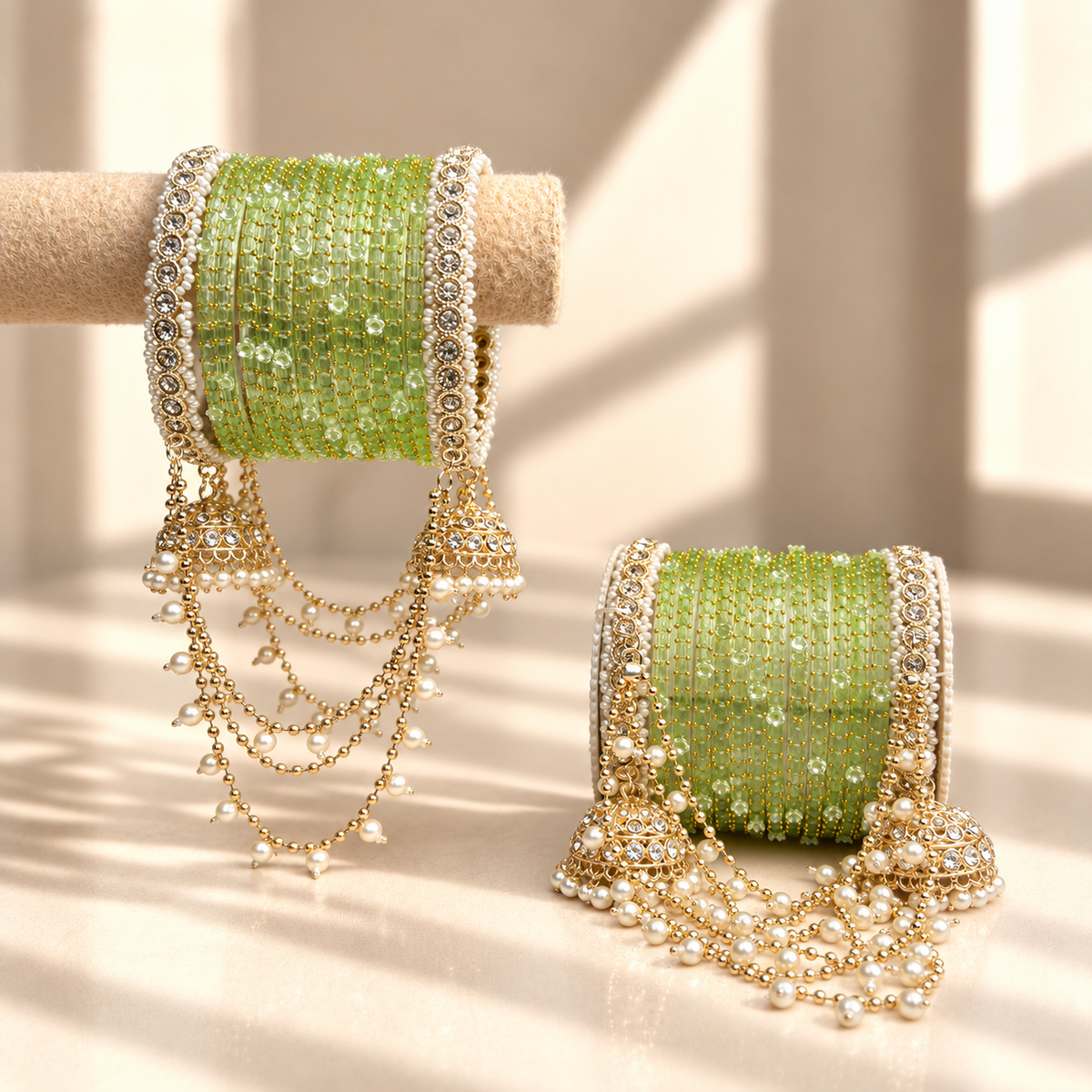 Pearl Jhula Chain Glass Bangle Set