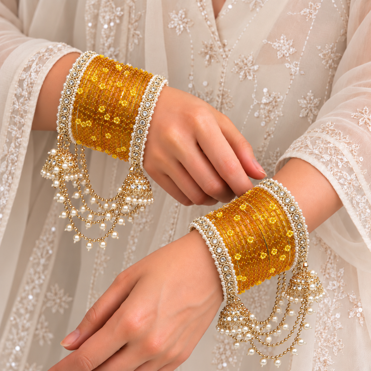 Pearl Jhula Chain Glass Bangle Set
