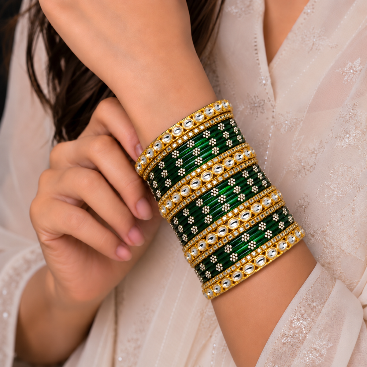 Floral Kundan Stone Bangle Set