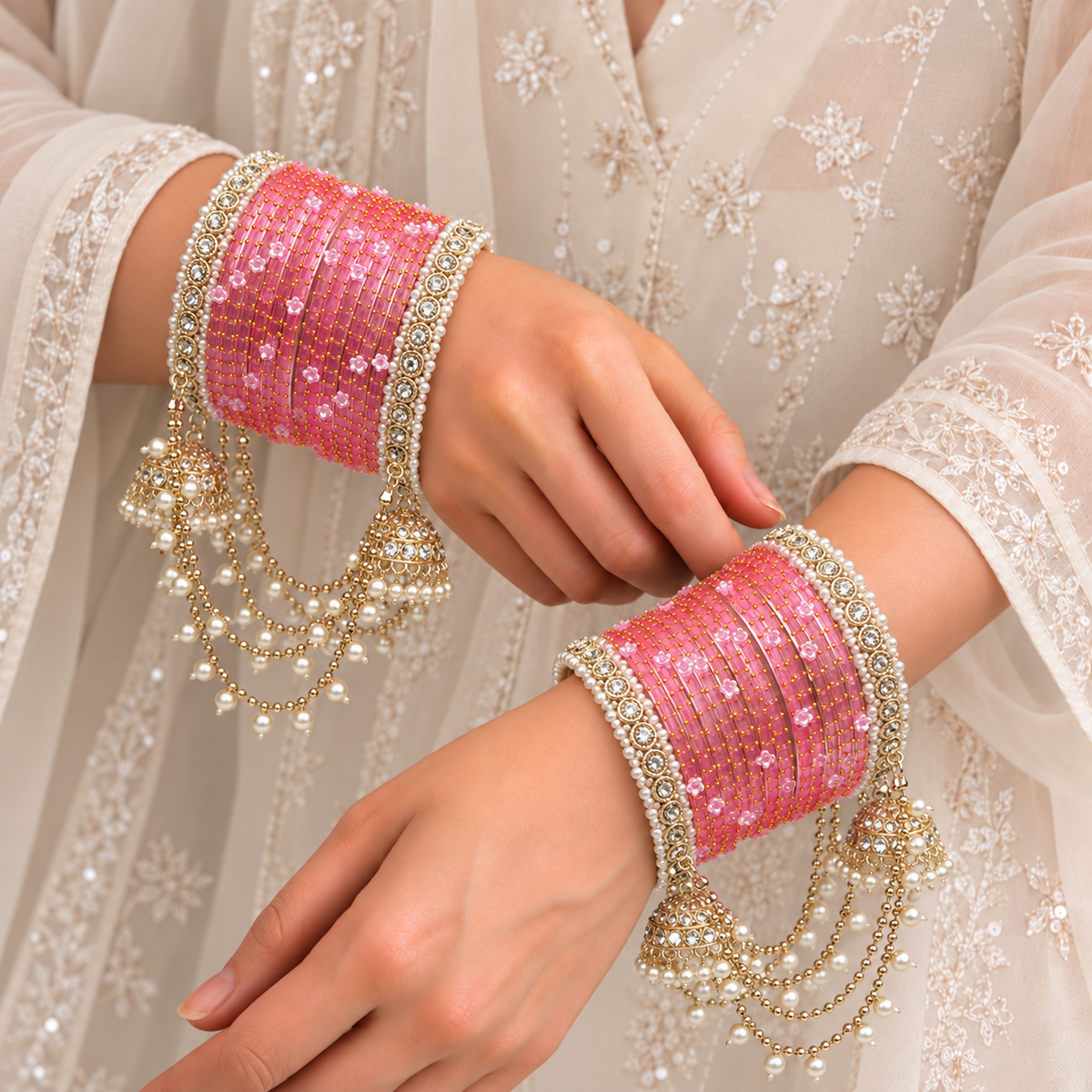Pearl Jhula Chain Glass Bangle Set