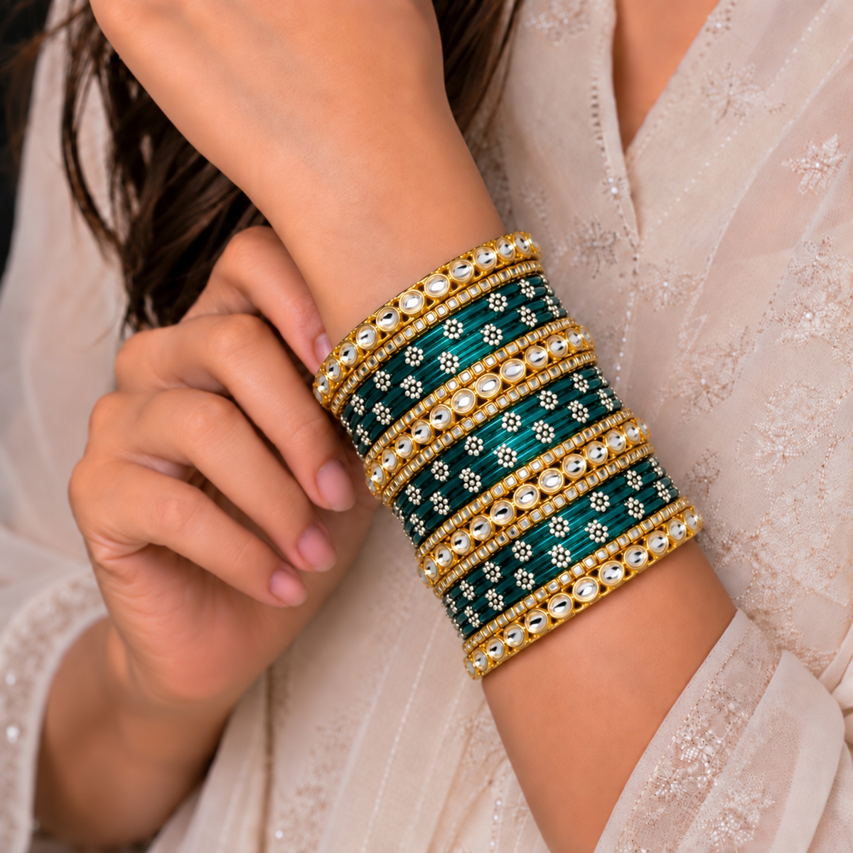 Floral Kundan Stone Bangle Set
