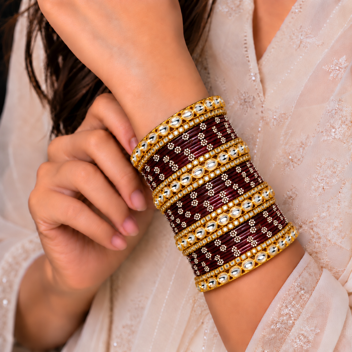 Floral Kundan Stone Bangle Set