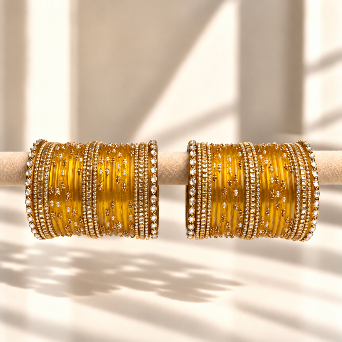 Kundan Square Drop Glass Bangle Set