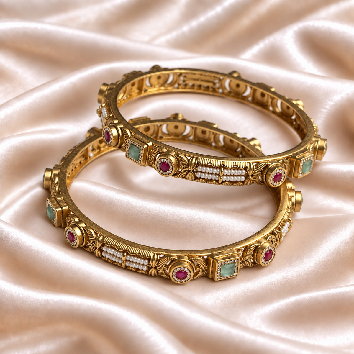 Square & Round Ruby-Mint stone Pearl Sleek Kada