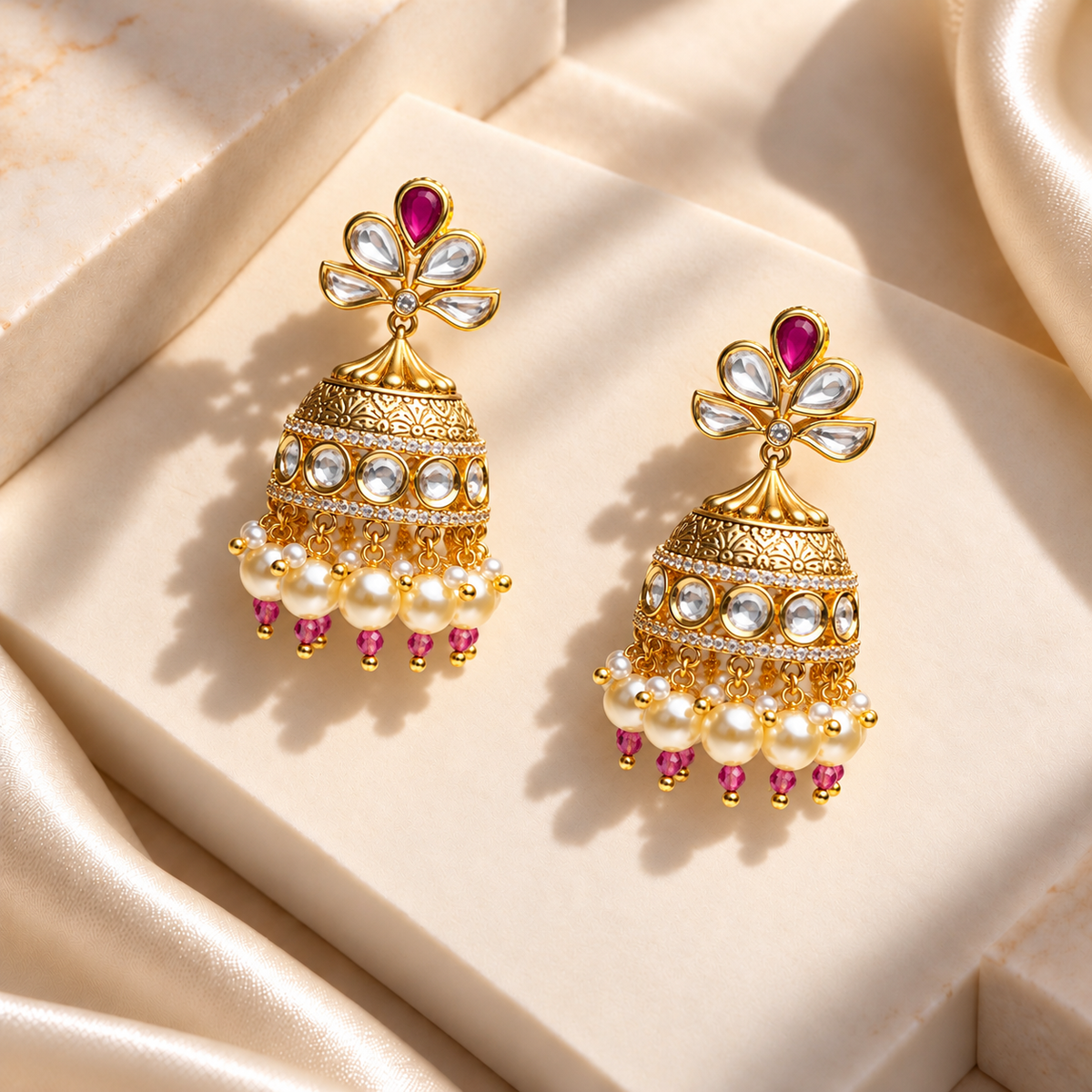 Floral Stone Pearl Jhumkas