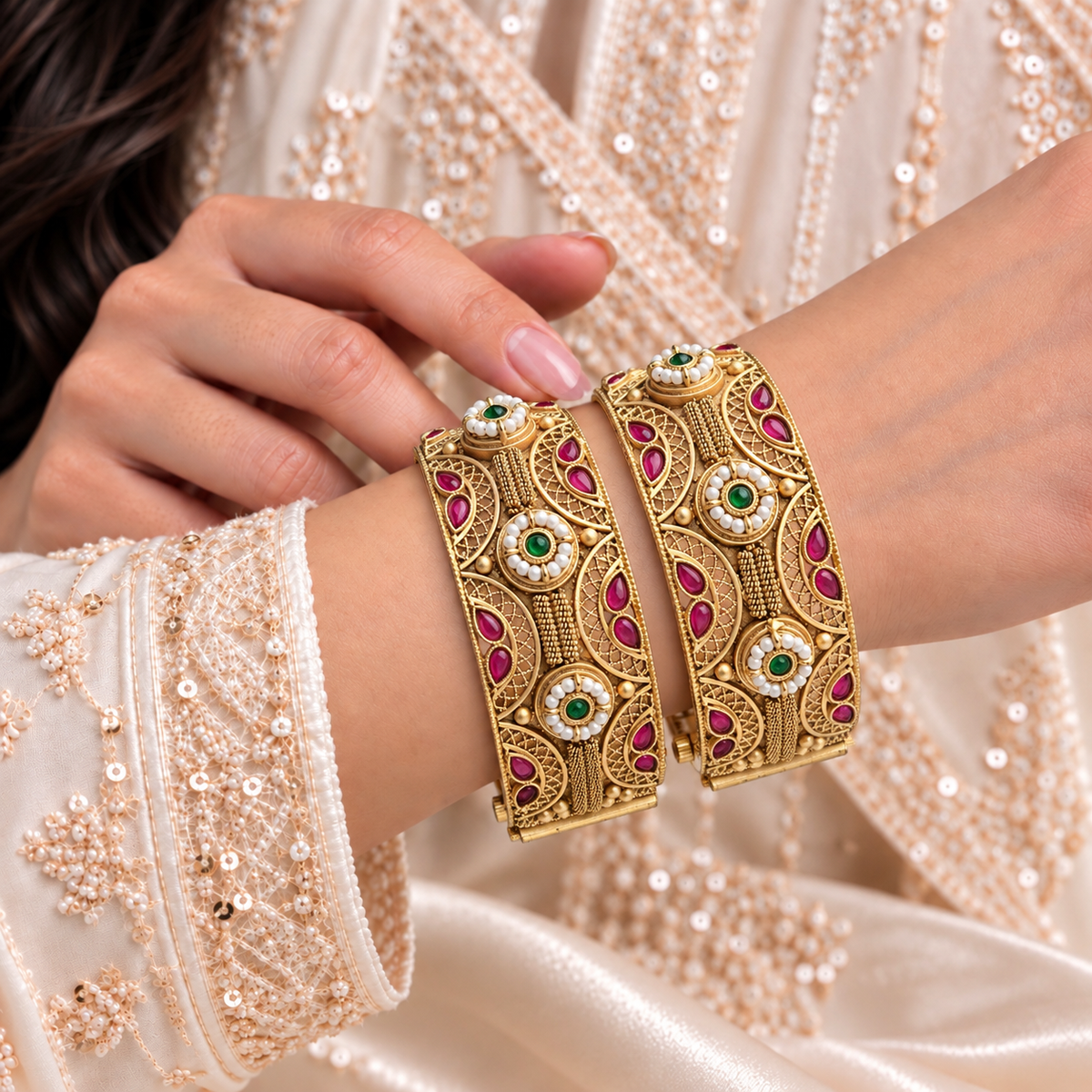 Rajwada Pearl Cutwork Openable Kada