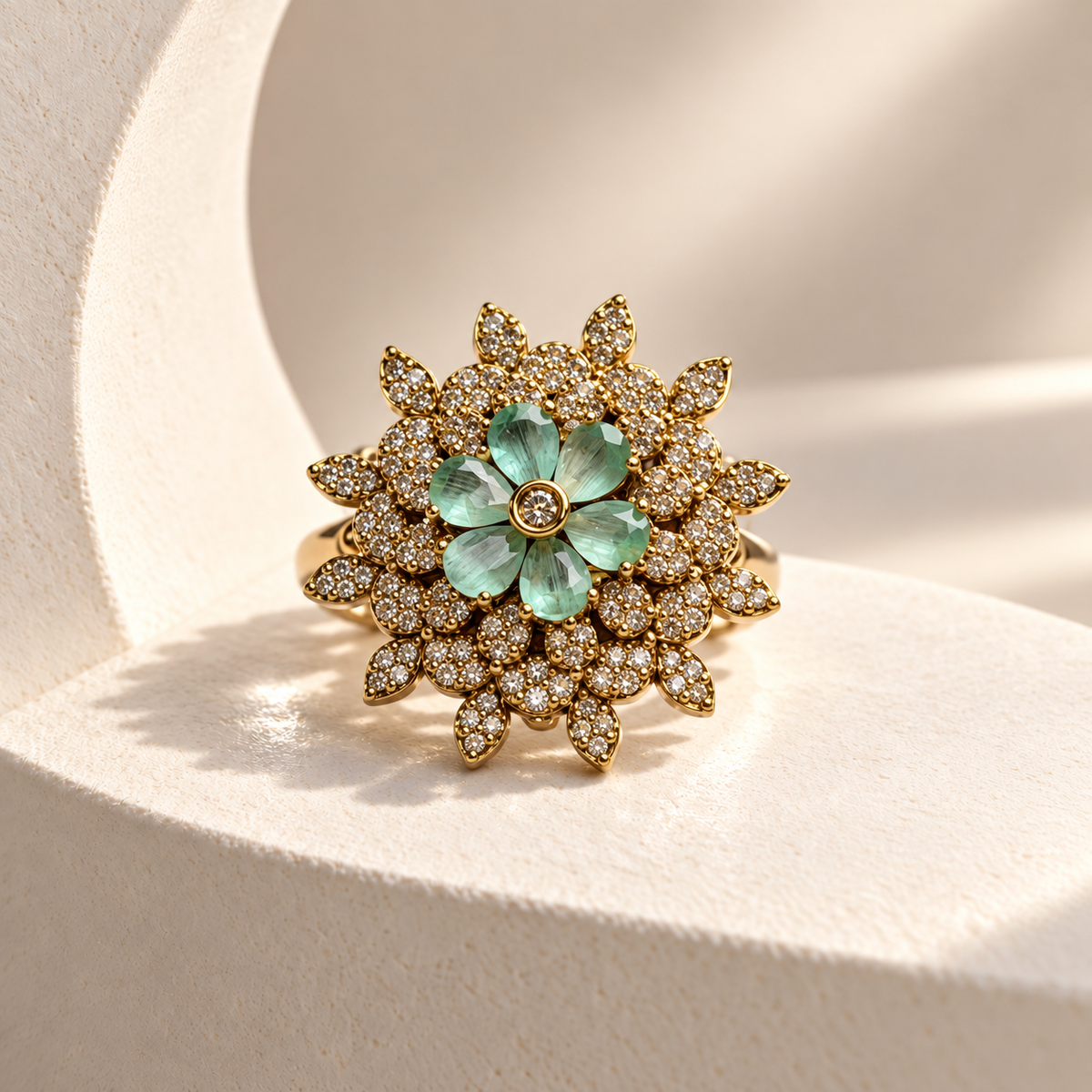 Layered Flower AD Stone Ring