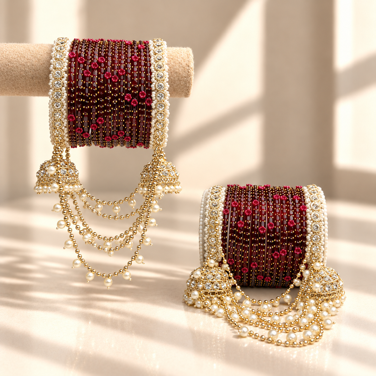 Pearl Jhula Chain Glass Bangle Set