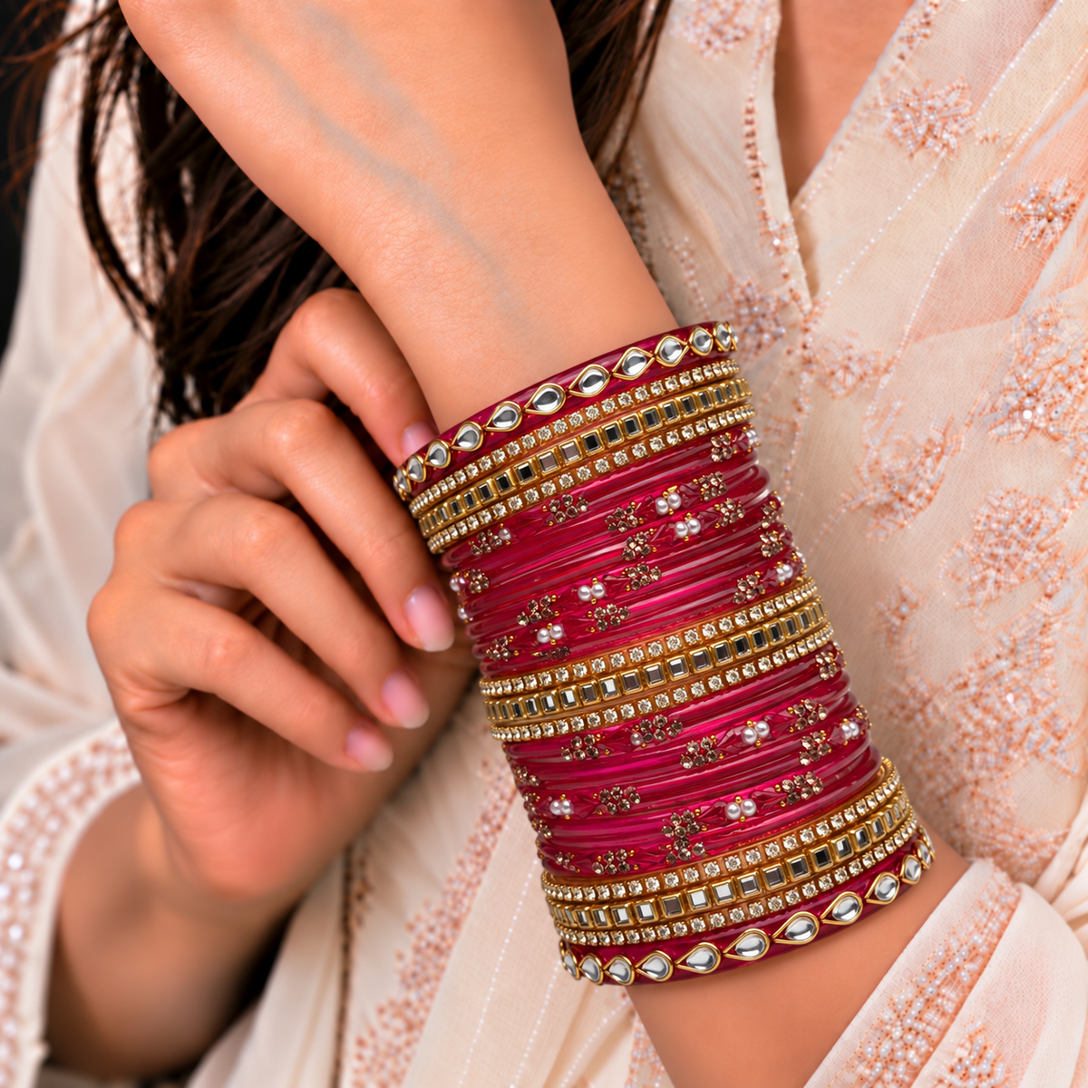 Kundan Square Drop Glass Bangle Set
