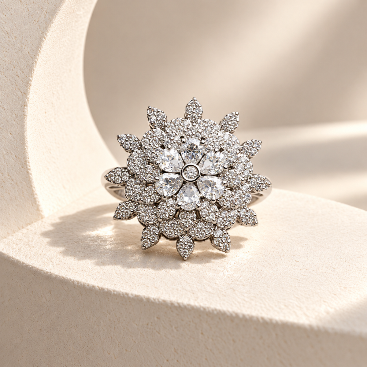 Layered Flower AD Stone Ring
