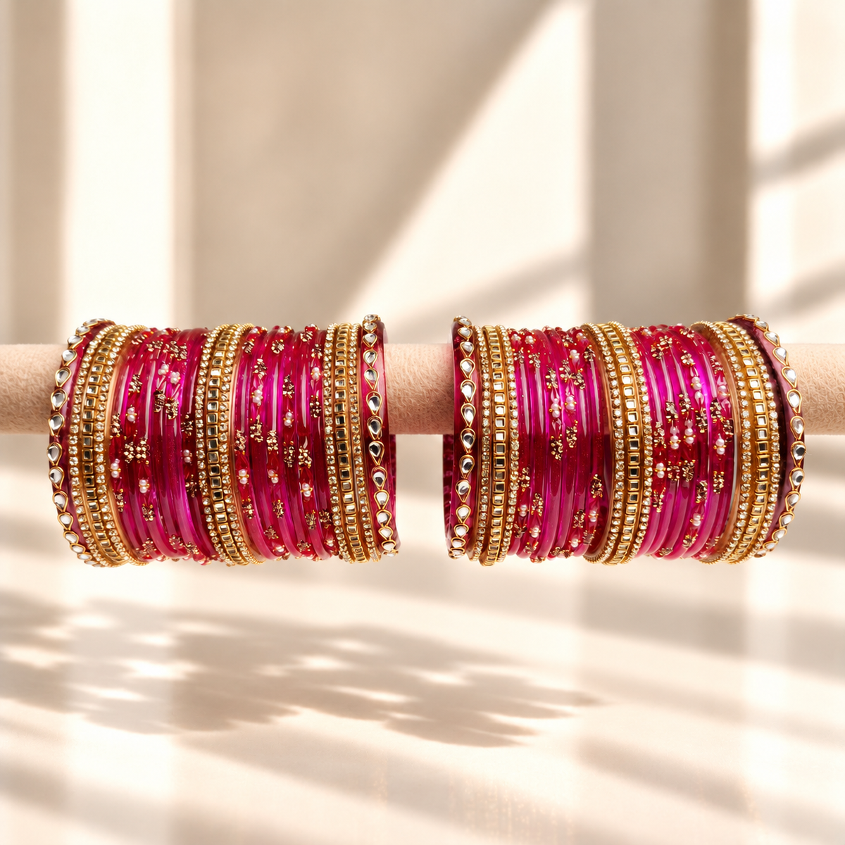Kundan Square Drop Glass Bangle Set