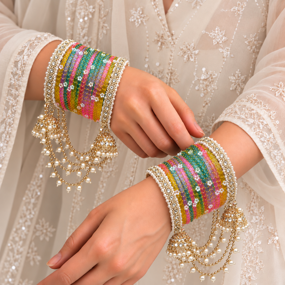 Pearl Jhula Chain Glass Bangle Set