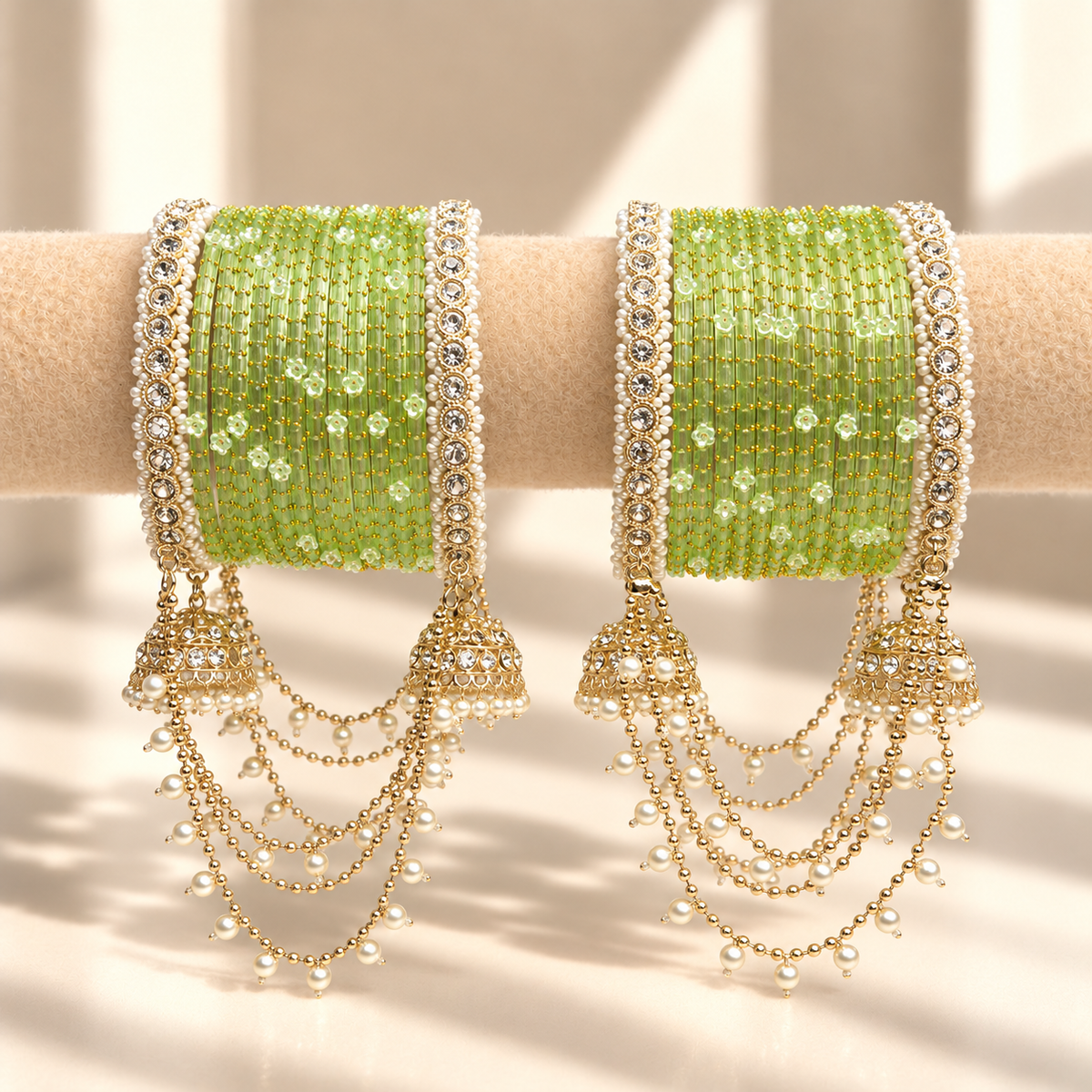 Pearl Jhula Chain Glass Bangle Set