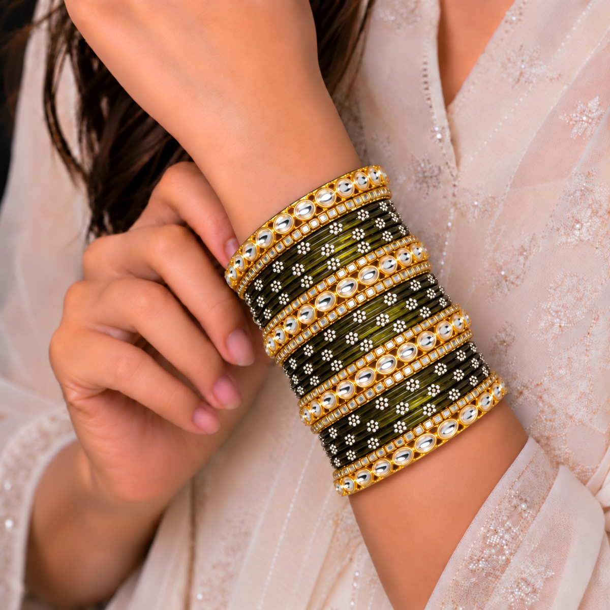 Floral Kundan Stone Bangle Set