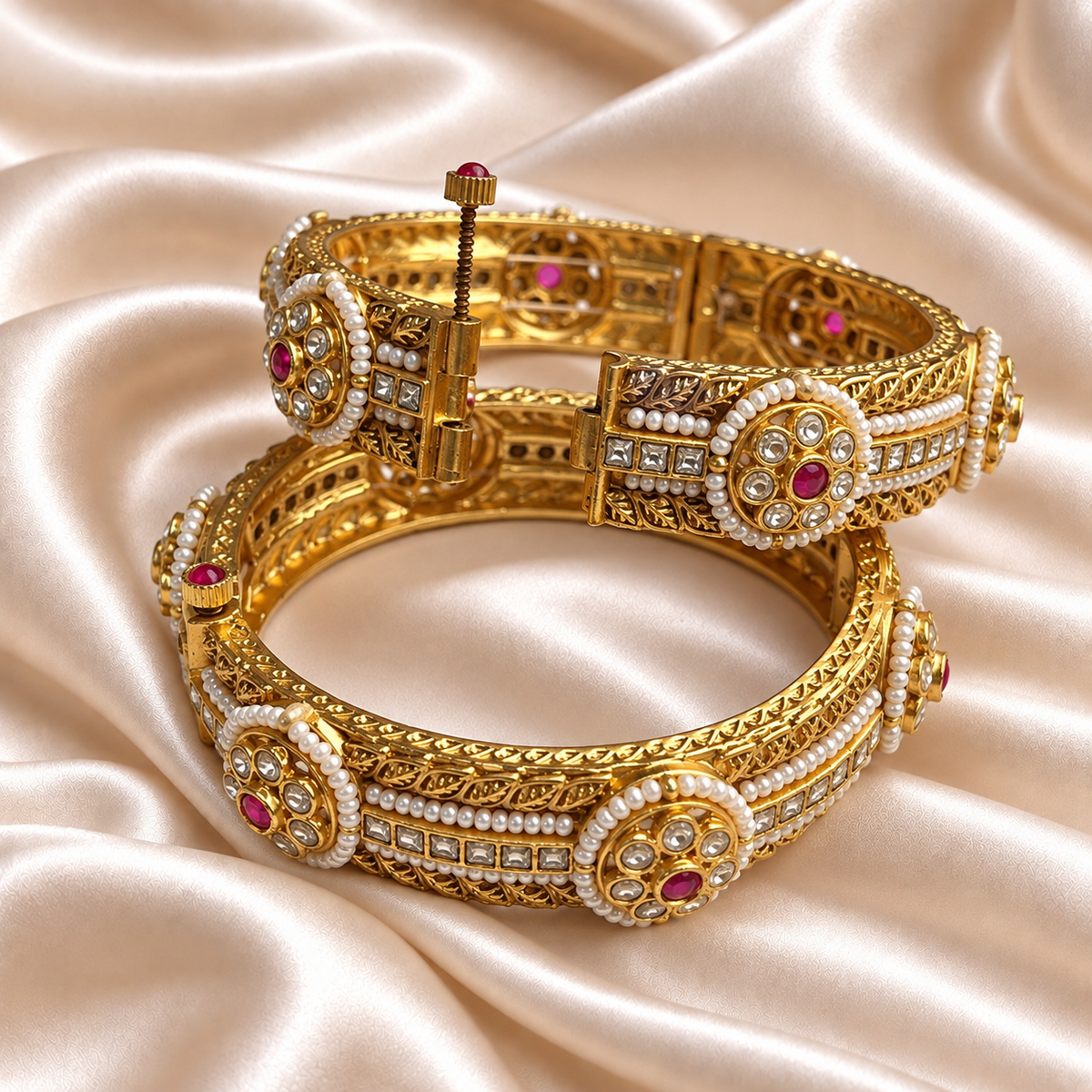 Rajwada Pearl Ruby Square Stone Openable Kada