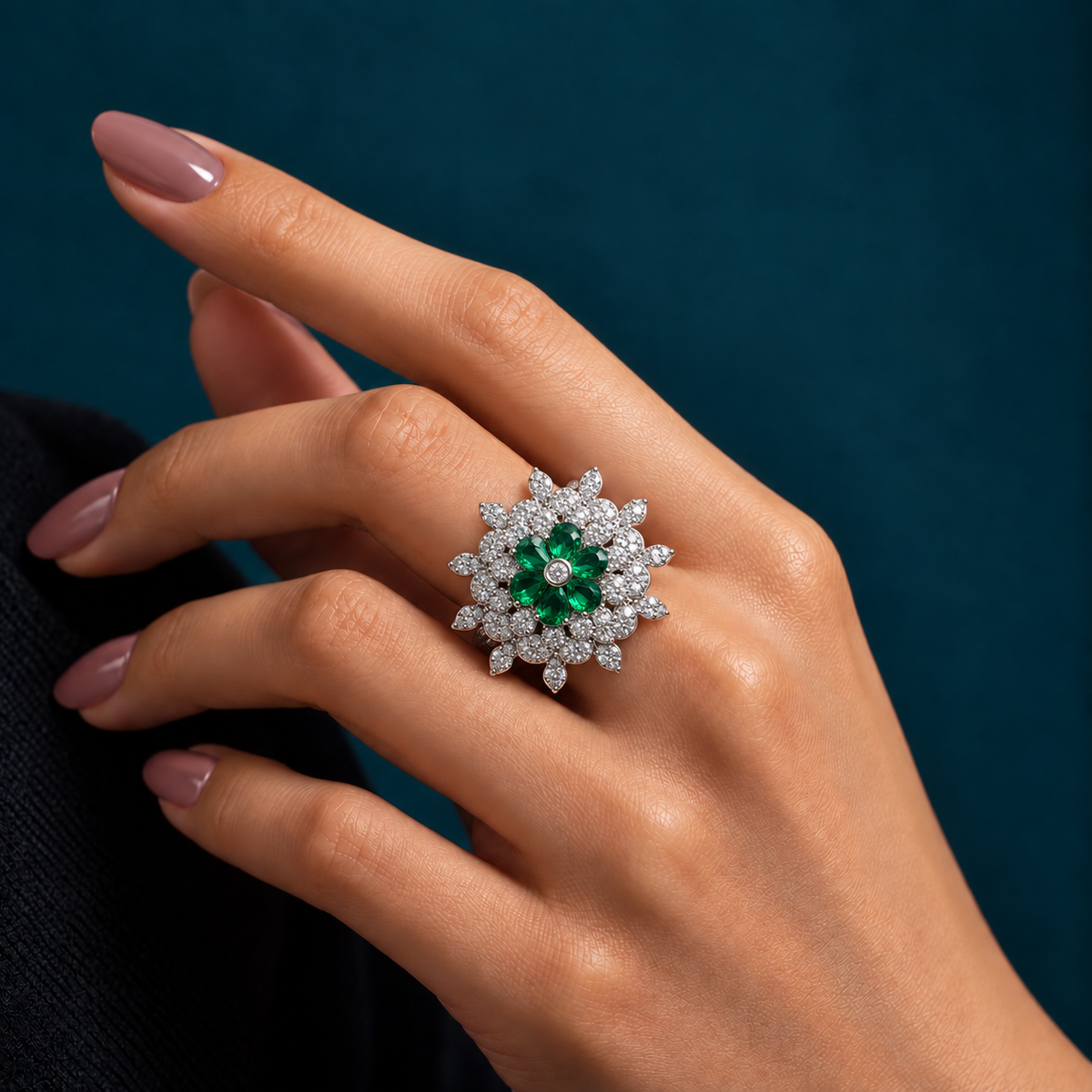 Layered Flower AD Stone Ring