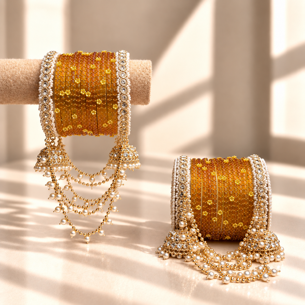 Pearl Jhula Chain Glass Bangle Set
