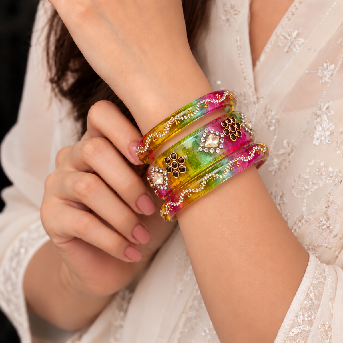 Drop Stone Short Glass Kada Bangle Set