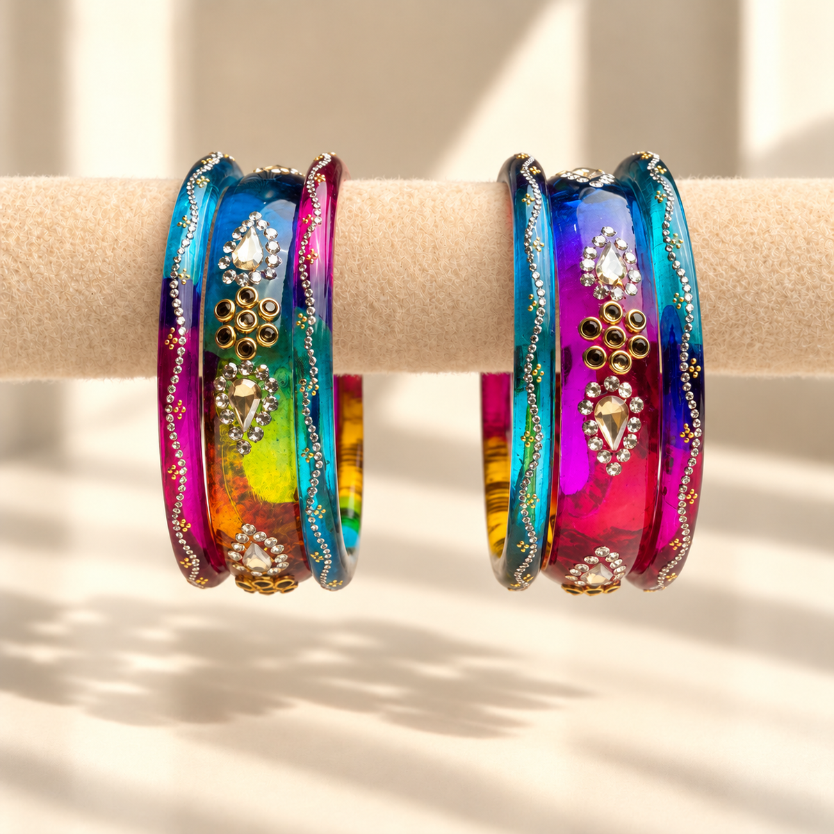 Drop Stone Short Glass Kada Bangle Set
