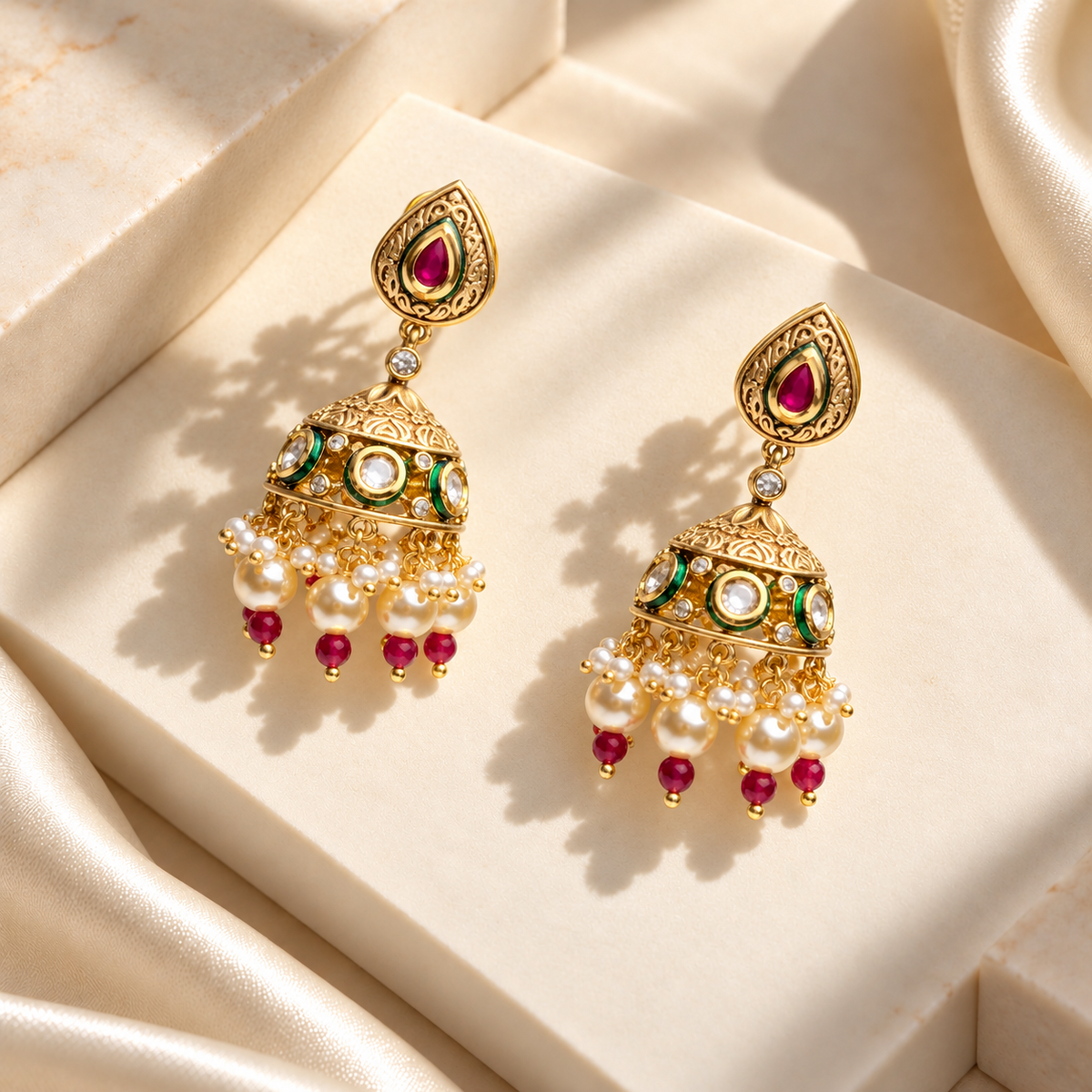 Carved Dome Pearl Jhumka Earrings