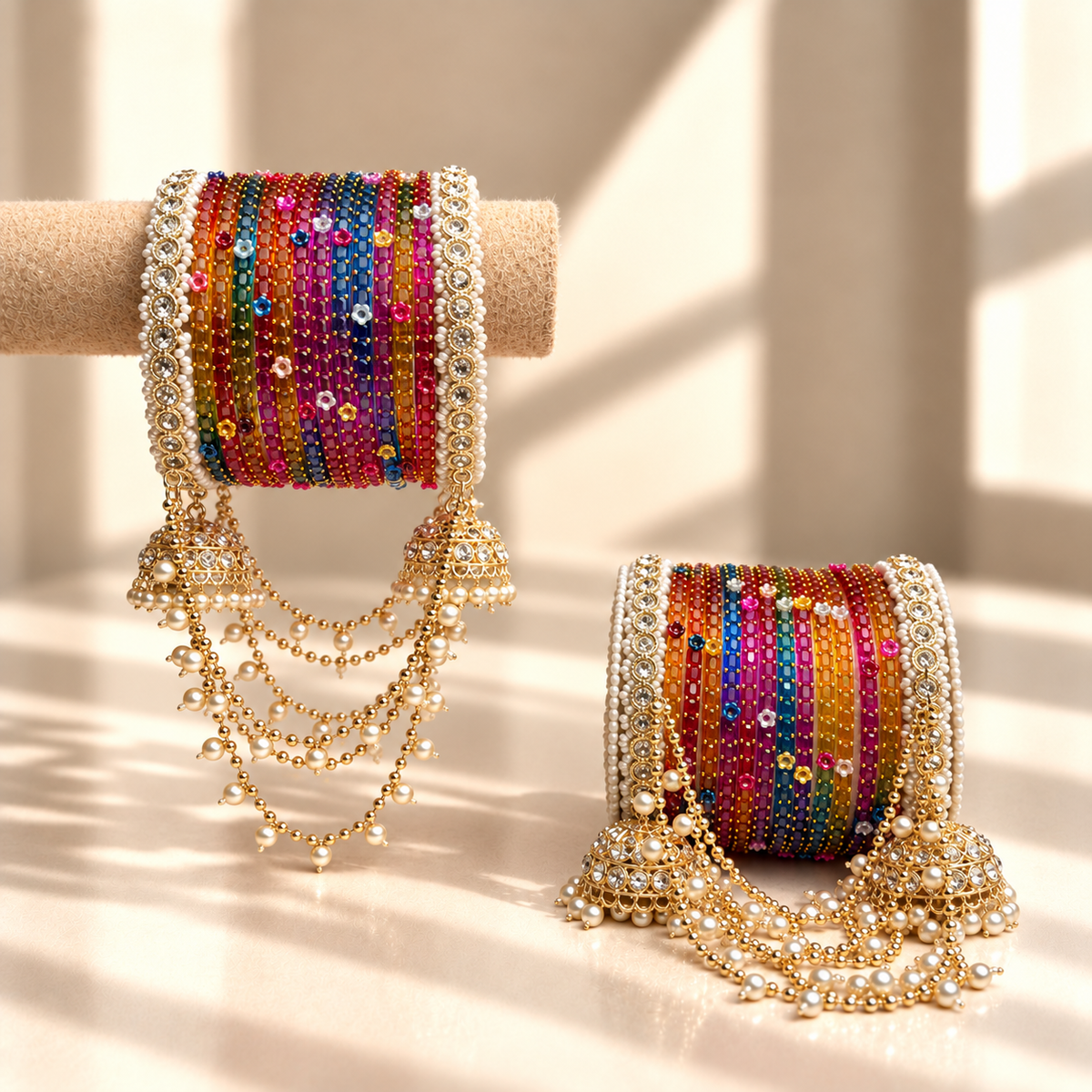 Pearl Jhula Chain Glass Bangle Set