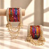 Pearl Jhula Chain Glass Bangle Set