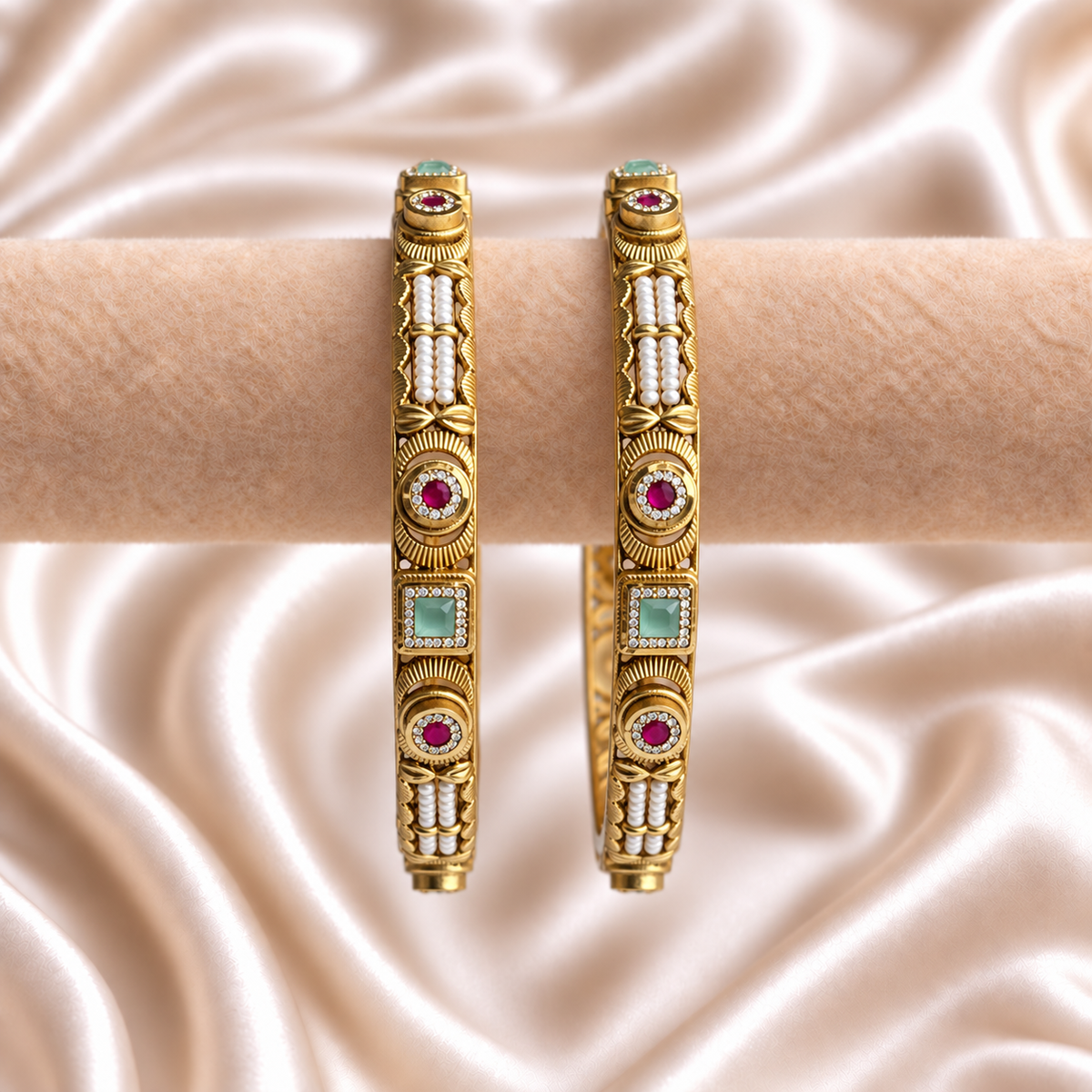 Square & Round Ruby-Mint stone Pearl Sleek Kada