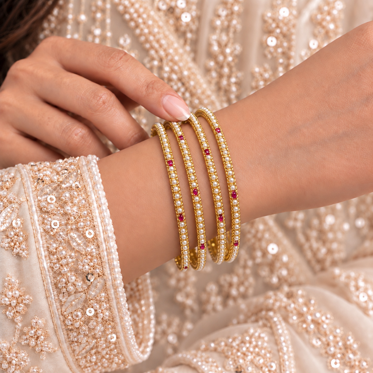 Sleek Pearl with Ruby stone bangles