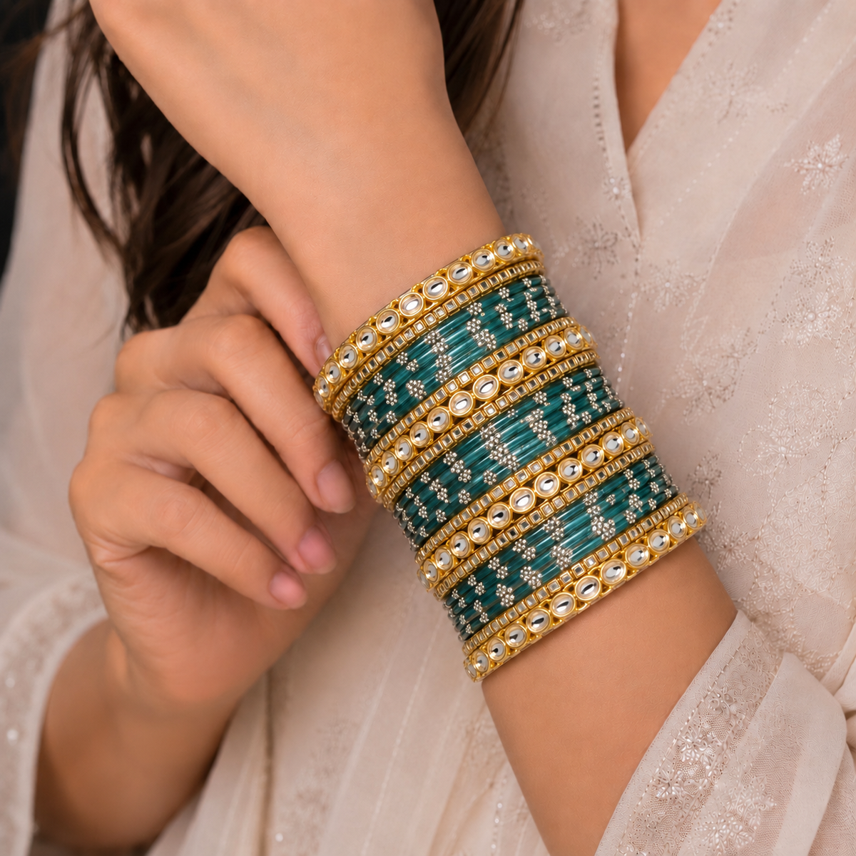 Floral Kundan Stone Bangle Set