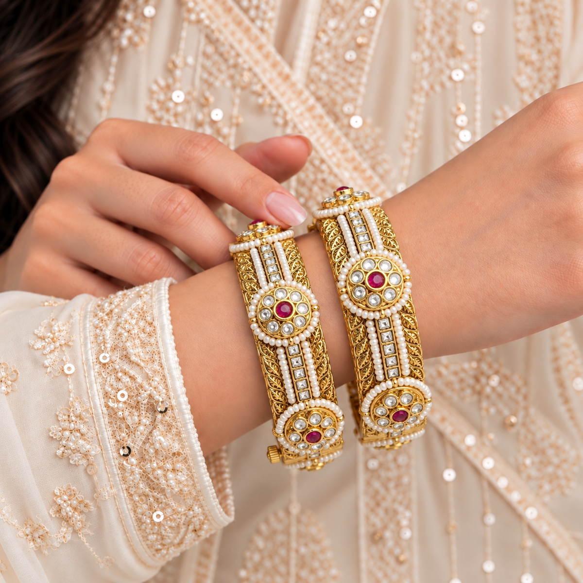 Rajwada Pearl Ruby Square Stone Openable Kada