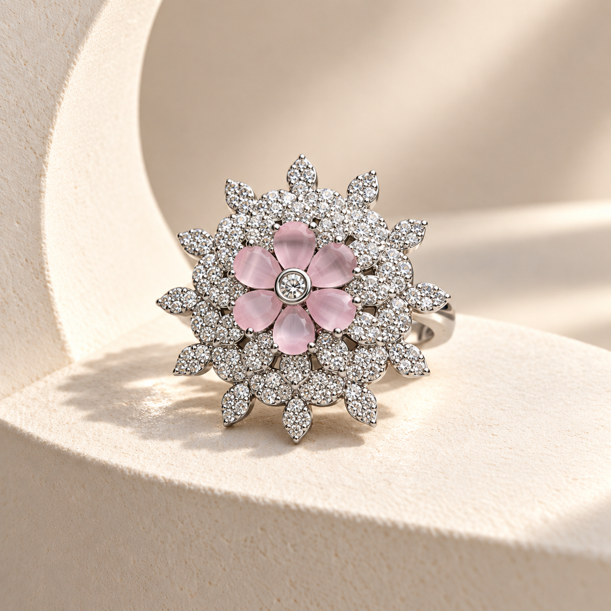 Layered Flower AD Stone Ring
