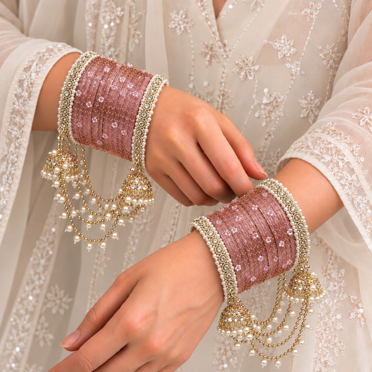 Pearl Jhula Chain Glass Bangle Set