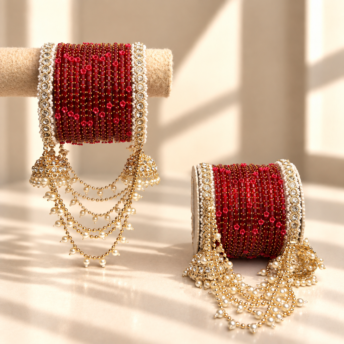 Pearl Jhula Chain Glass Bangle Set